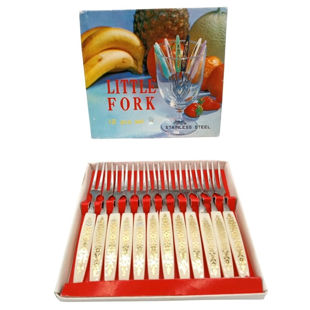 Little Fork Set 12 Piece Stainless Steel Ornate Gold Floral Handles Vintage 4 In